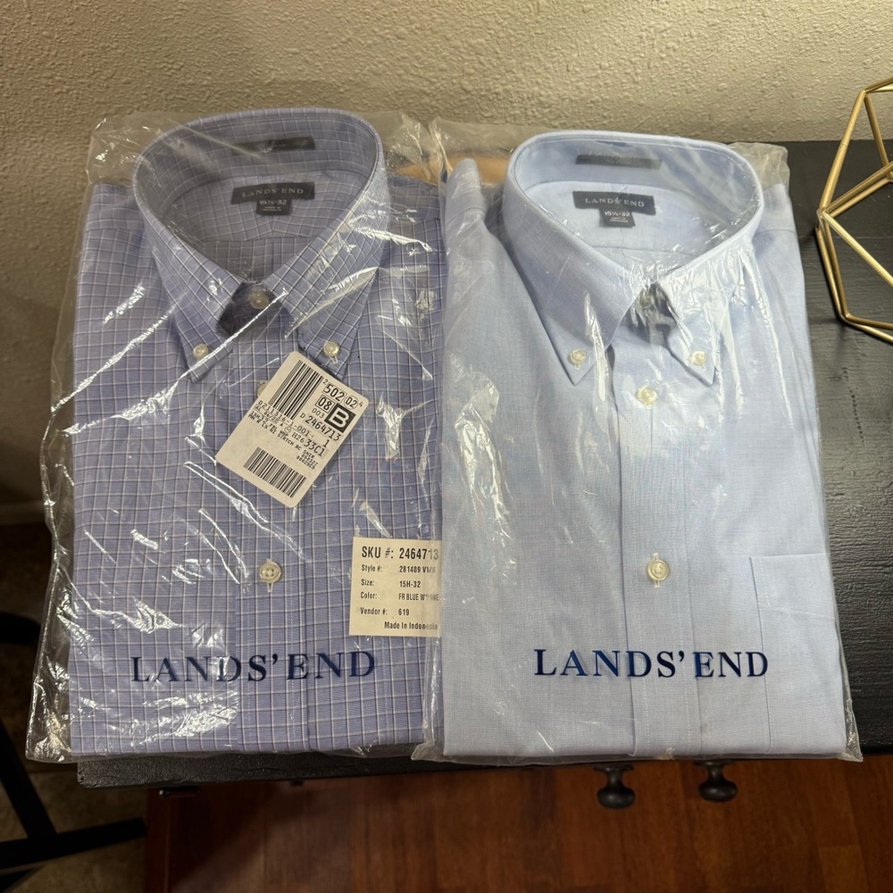 Lands' End Men's Blue Checkered and Solid Shirts 15.5 neck 32 sleeve  new in bag